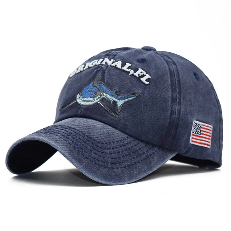 Popular Cartoon Embroidered Shark Spring Summer Wash Metal Logo Custom Design Baseball Hat Cap