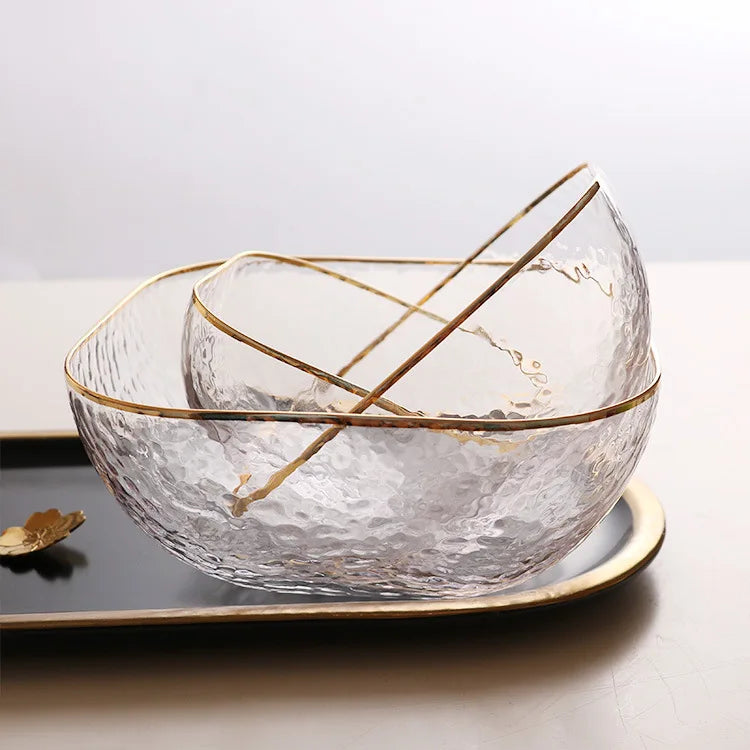 Custom Color Logo Design Hammered Texture Square Handmade Lead Crystal Glass Salad Bowl Sets Eco-Friendly Restaurant Bowl