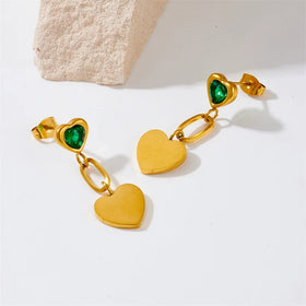 New Women Gold Plated Jewelry Anti Tarnish 316l Stainless Steel 18k Pvd Gold Plated Heart Zircon Pendant Earrings