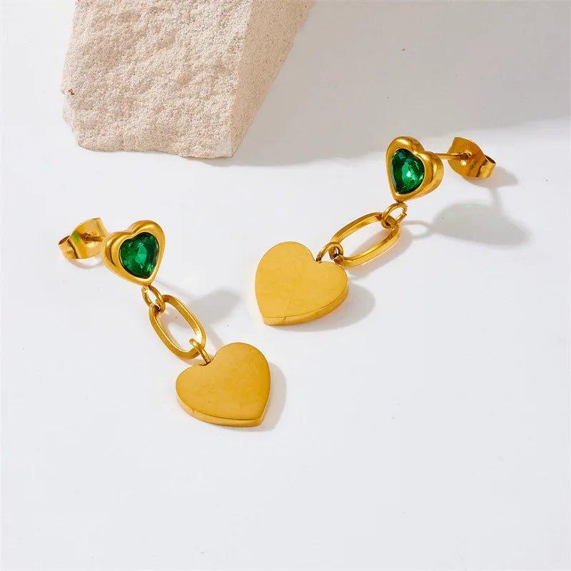 New Women Gold Plated Jewelry Anti Tarnish 316l Stainless Steel 18k Pvd Gold Plated Heart Zircon Pendant Earrings