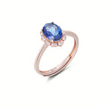 YBO Women's Adjustable Rose Gold Plated Natural Dark Blue Topaz CZ Proposal Rings Oval Cut Diamond for Weddings and Parties