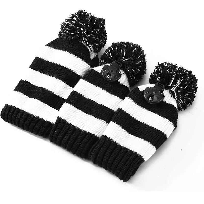Classic Golf Putt Headcover Set of 3 Black and White Striped Pom Pom Golf Headcovers for Woods Scorecard & Holder
