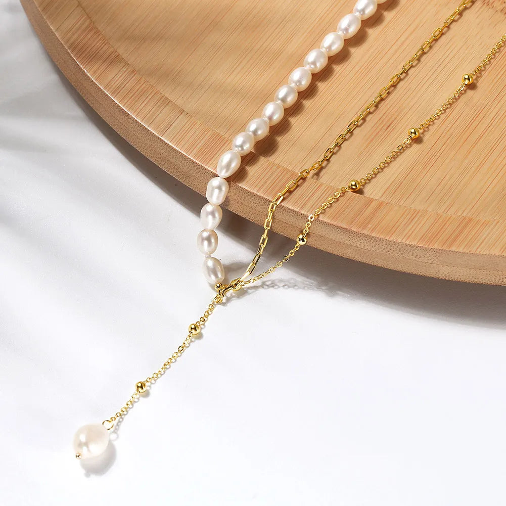 RINNTIN GPN54 Luxury Fine Jewelry Half Paper Clip14K Gold Plated Chains Cultural Freshwater Pearls Long Tassel Pendant Necklace
