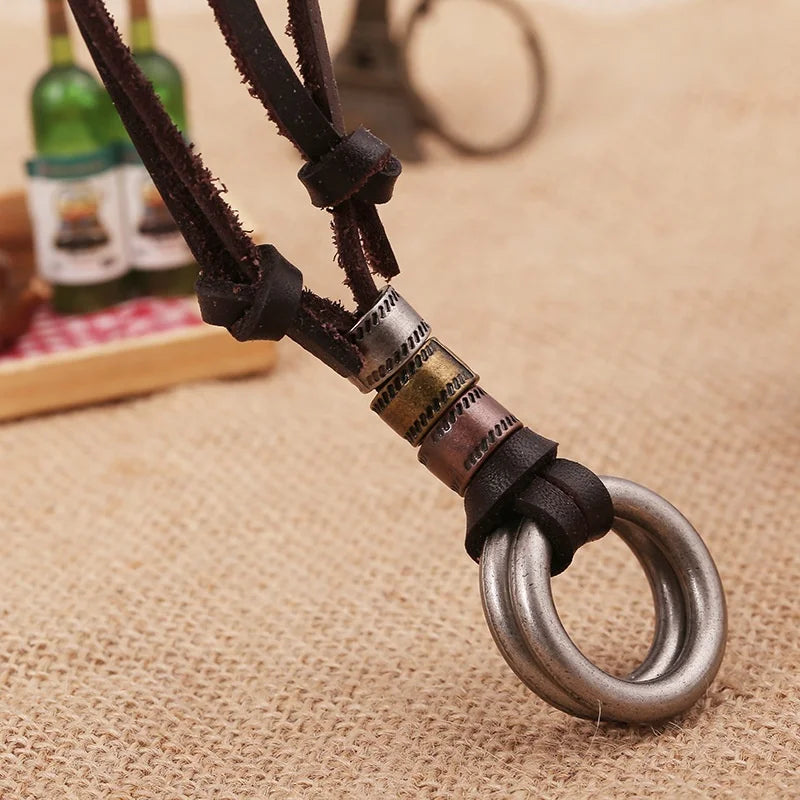 Latest Vintage Men Leather Double Circle Pendant Necklace Handmade Cowhide Male Necklace