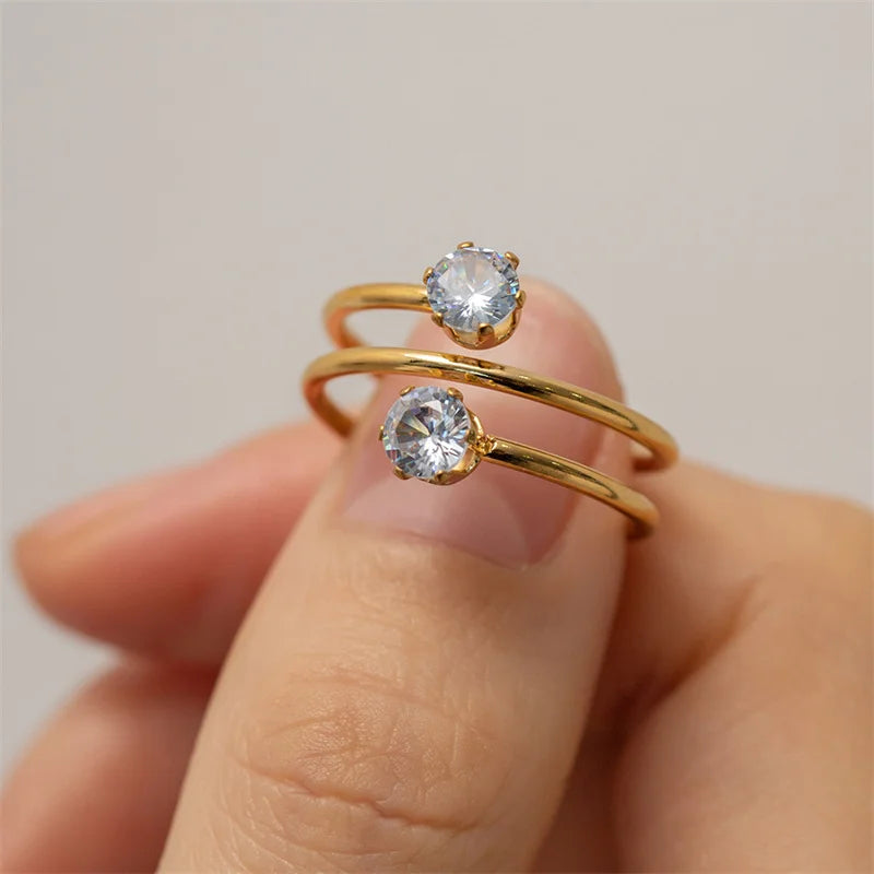 18k Gold Plated Stainless Steel Laying Ring Spinning Adjustable Zirconia Engagement Ring