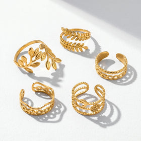 QIAOREN 10709 5Pcs Trendy Gold Plated Stainless Steel Adjustable Stackable Inlay Statement Ring Watch Set for Women