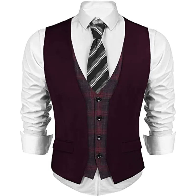 New Costume Pour Homme Business Mens Vest Layered Plaid Dress Vest Waistcoat for Wedding Party Tuxedo Blazer