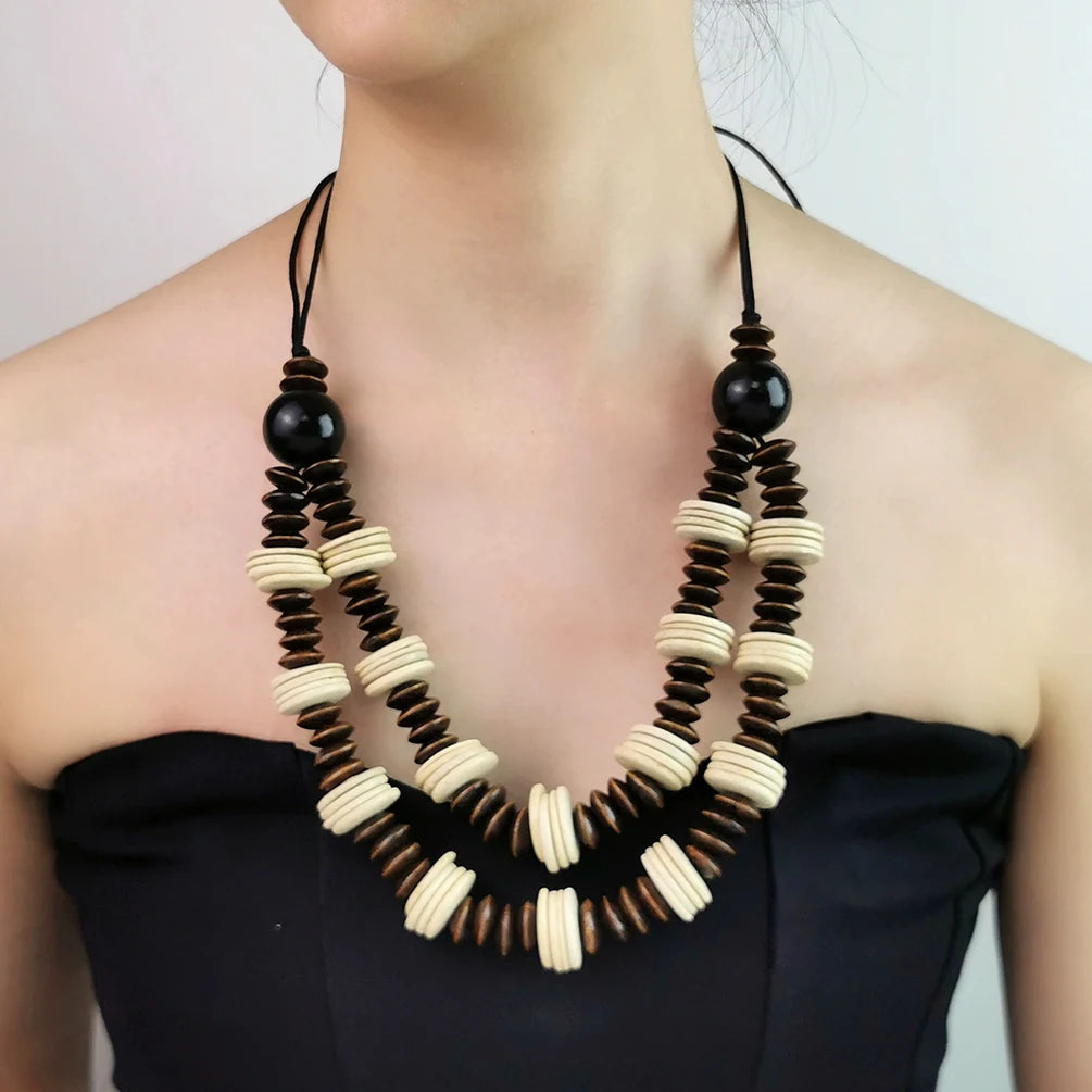 Bohemian Wooden Bead Coconut Slice Necklace Handmade Adjustable Rope Fashion Beaded Choker Necklace Ethnic Accessories