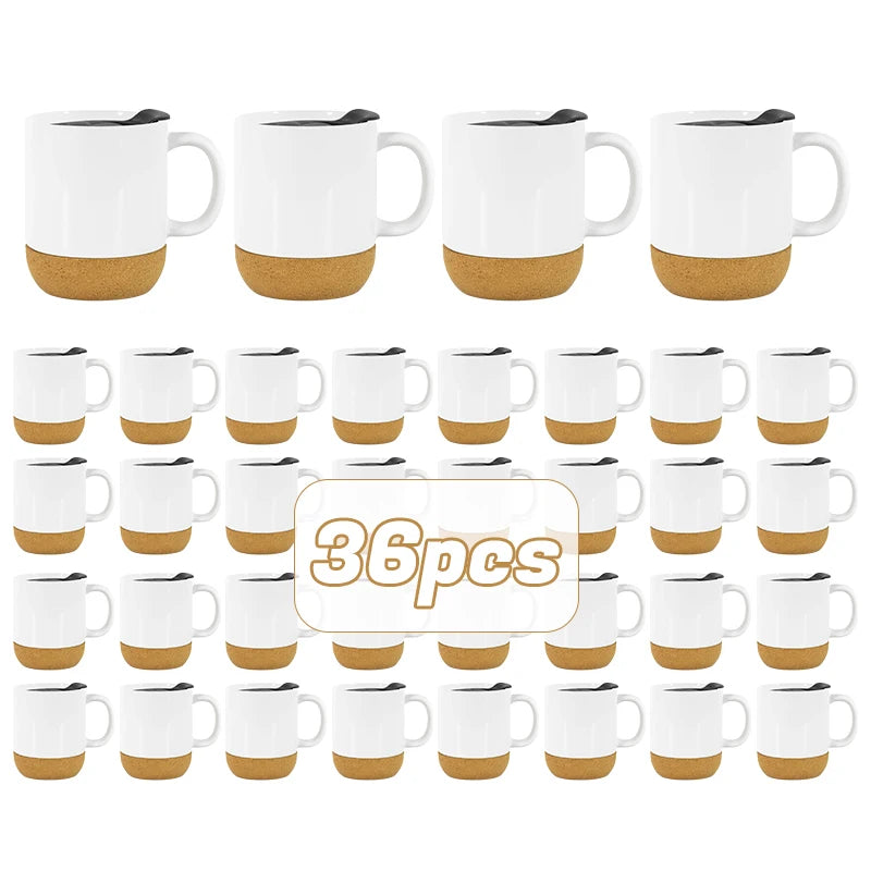 RTS USA Stocked 36pcs/ctn 15oz Sublimation Glossy White Ceramic Mug with Handle Black Plastic Lid and Bamboo Cork Bottom