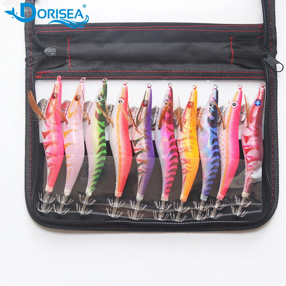DORISEA 10pcs Squid Fishing Lure Set Printed Wooden Shrimp Bait in 12g/15g/20g Metal Conditioned