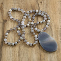 New 8mm Striped Gray Agate Knotted Necklace with Irregular Agate Pendant Sweater Chain Bohemian Style Women's Jewelry