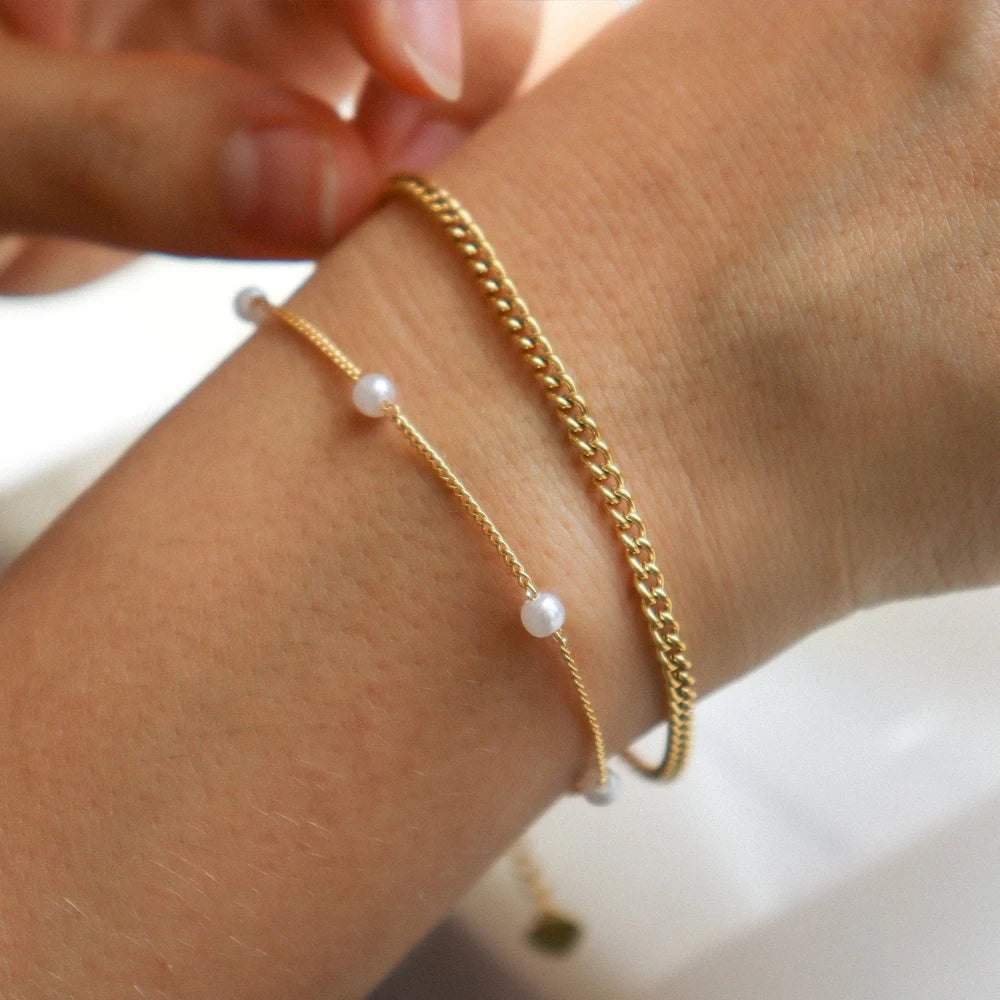 Dainty 18K Gold Stainless Steel Curb Chain Bracelet Freshwater Pearl Bracelets Anklets for Women