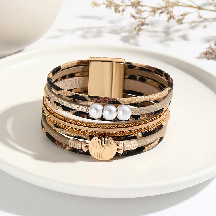 Fashion Multi-layer Leather Bracelet Simple Handmade Leather Bracelet Magnetic Clasp Leopard Print Pearl Leather Bracelet Women