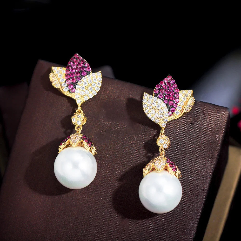 Fashion Two Tone Cubic Zircon CZ Women Party Pearl Leaf Flower Dangle Drop Long Earrings for Bridal Luxury Jewelry Accessories