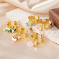 Bohemia Style Wide Stainless Steel Rings Colorful Natural Stone & Pearl & Pentagram Charm Gold Plated Open End Rings For Women