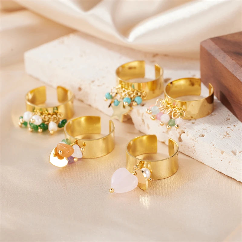 Bohemia Style Wide Stainless Steel Rings Colorful Natural Stone & Pearl & Pentagram Charm Gold Plated Open End Rings For Women