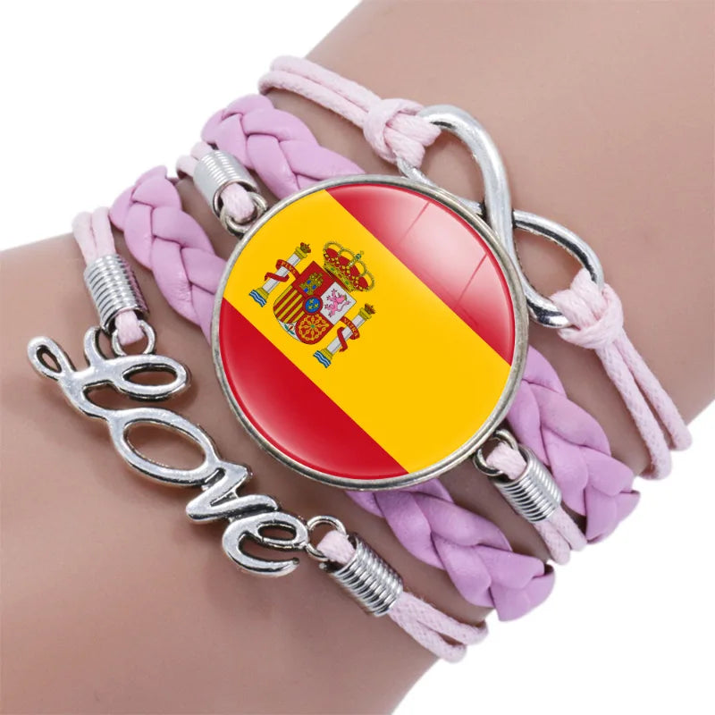 Manufacturer European National Country Flag Design Infinity Love Pink Leather Wrap Bracelet