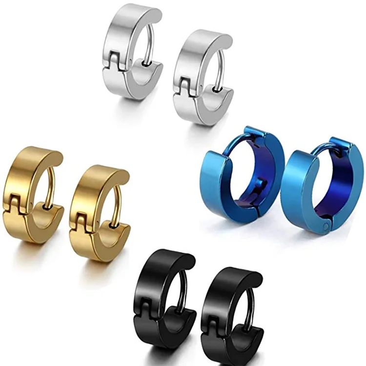 Men Boys Hip Hop Color Small Stainless Steel Round Huggie Hoop Earrings