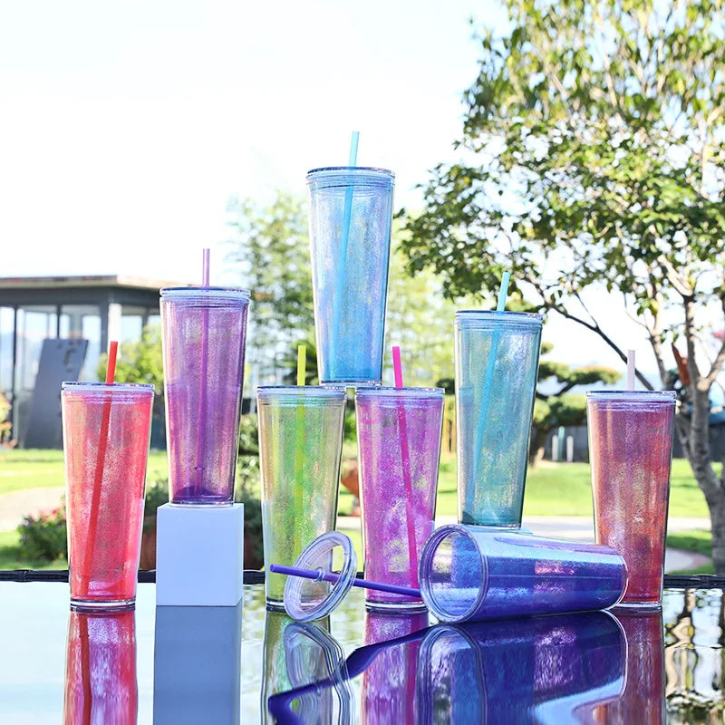 Tumblers Wholesale Bulk 26Oz Plastic Colorful Bottle Water Skinny Tumbler with Flat Lid and Straw Double Wall Cup with Sequins