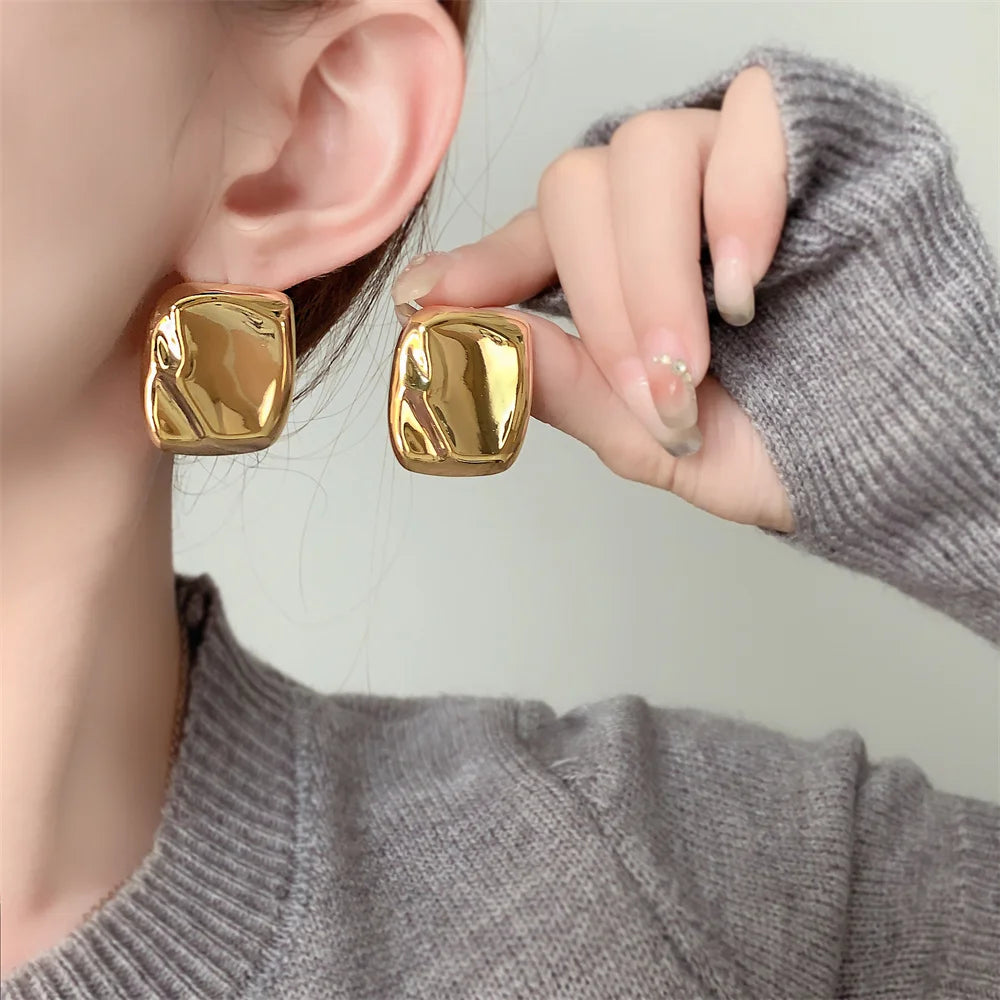 Stainless Steel Smooth Uneven Square Stud Earrings for Women Trendy Wholesale Lady Waterproof Accessories on Ear Fashion Jewelry