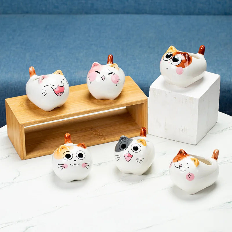 Multi Designs Small White Ceramic Succulent Plant Pots Cute Cat Ceramic Flower Pots with Drainage Hole