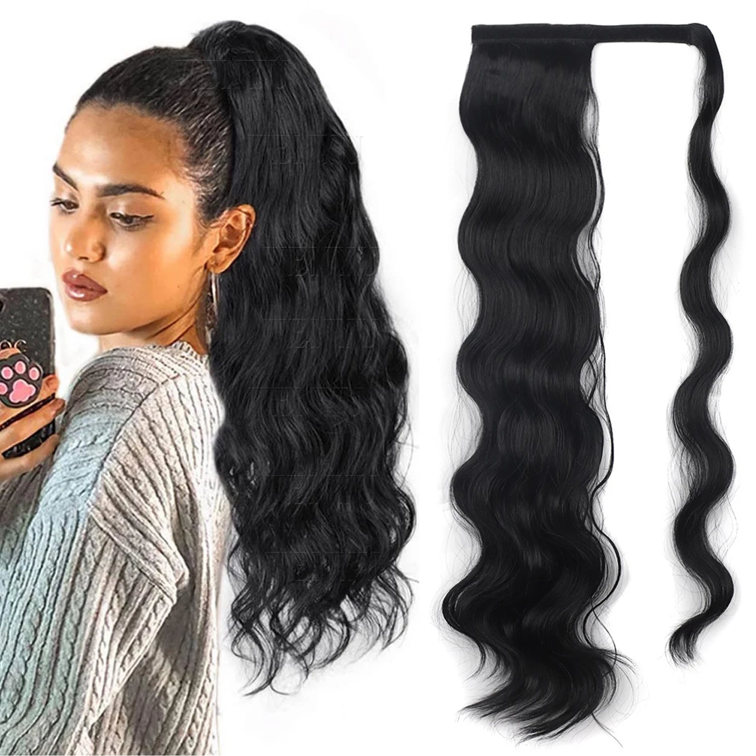 Synthetic Ponytail Extension Long Body Wave Ponytail Wrap Around Water Wave Clip in Hairpiece Wavy Ponytail for Women