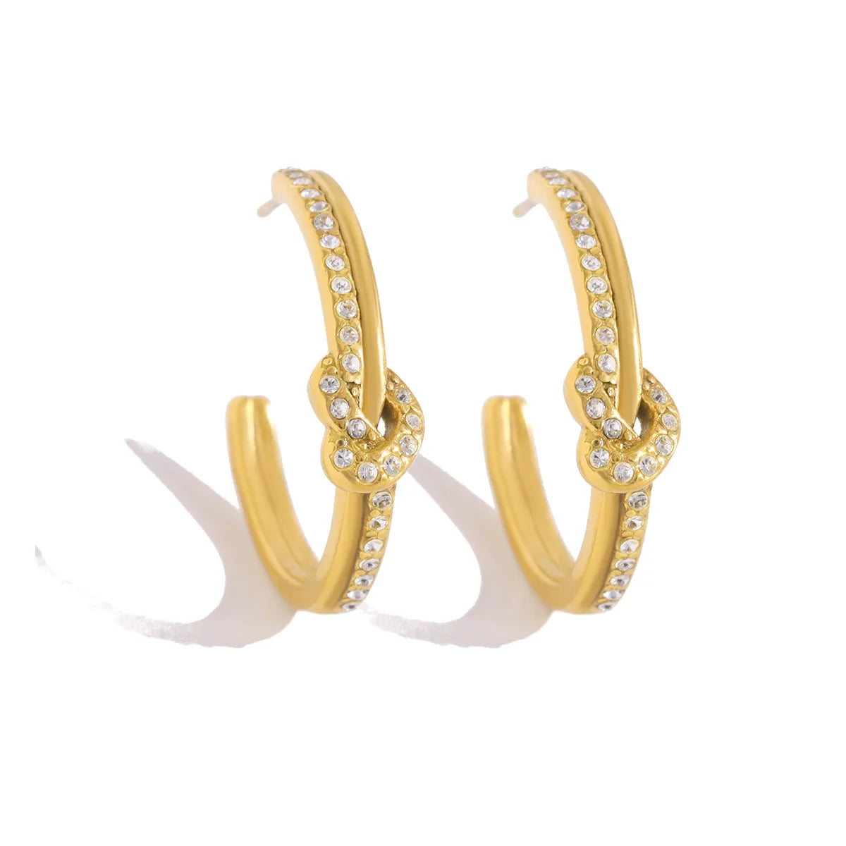 Fashion Non Tarnished 18K PVD Gold Earrings Stainless Steel Diamond Knot C Shaped Earring for Women Jewelry