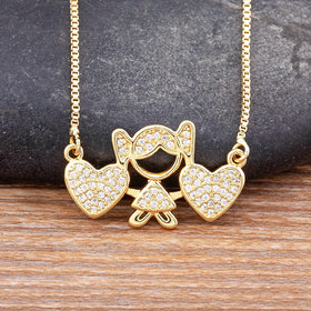QIKU Girl & Heart Shape Gold Color Pendant Women Necklace Copper Zircon Jewelry Micro Pave Crystal Accessories Gift Wholesale