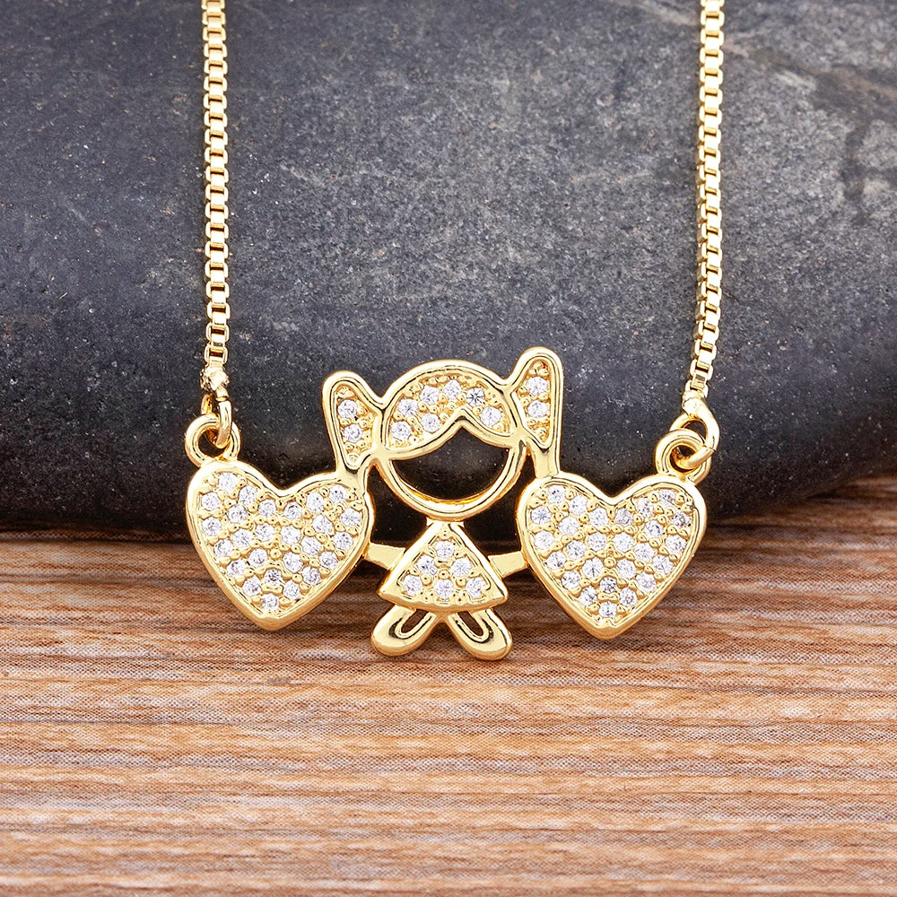 QIKU Girl & Heart Shape Gold Color Pendant Women Necklace Copper Zircon Jewelry Micro Pave Crystal Accessories Gift Wholesale