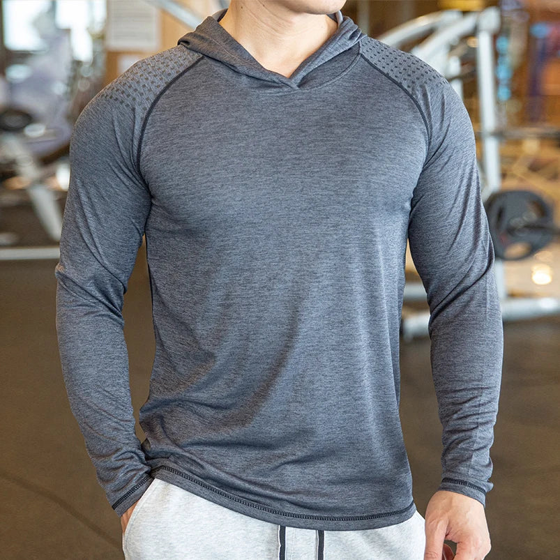 Gym Men T Shirt Casual Long Sleeve Slim Tops Tees Elastic T-shirt Sports Fitness Breathable Quick Dry Hooded T Shirt