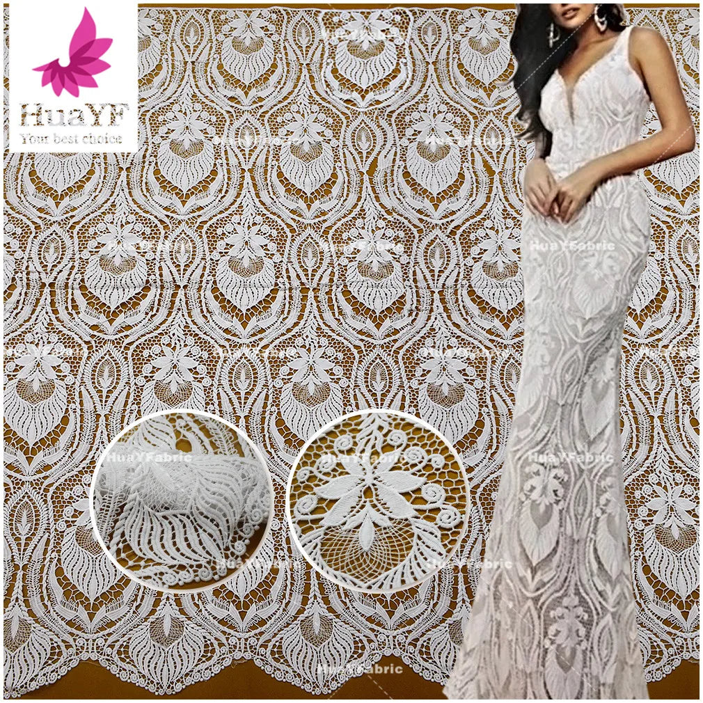 HuaY HY2502 Heavy High Quality Eco-Friendly 100% Polyester Guipure Lace Fabric White Wedding Dresses Customizable Wholesale