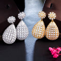 Brilliant White Cubic Zirconia Setting Hollow Big Half Round Drop Long Earrings for Women CZ Wedding Dubai Gold Bridal Jewelry