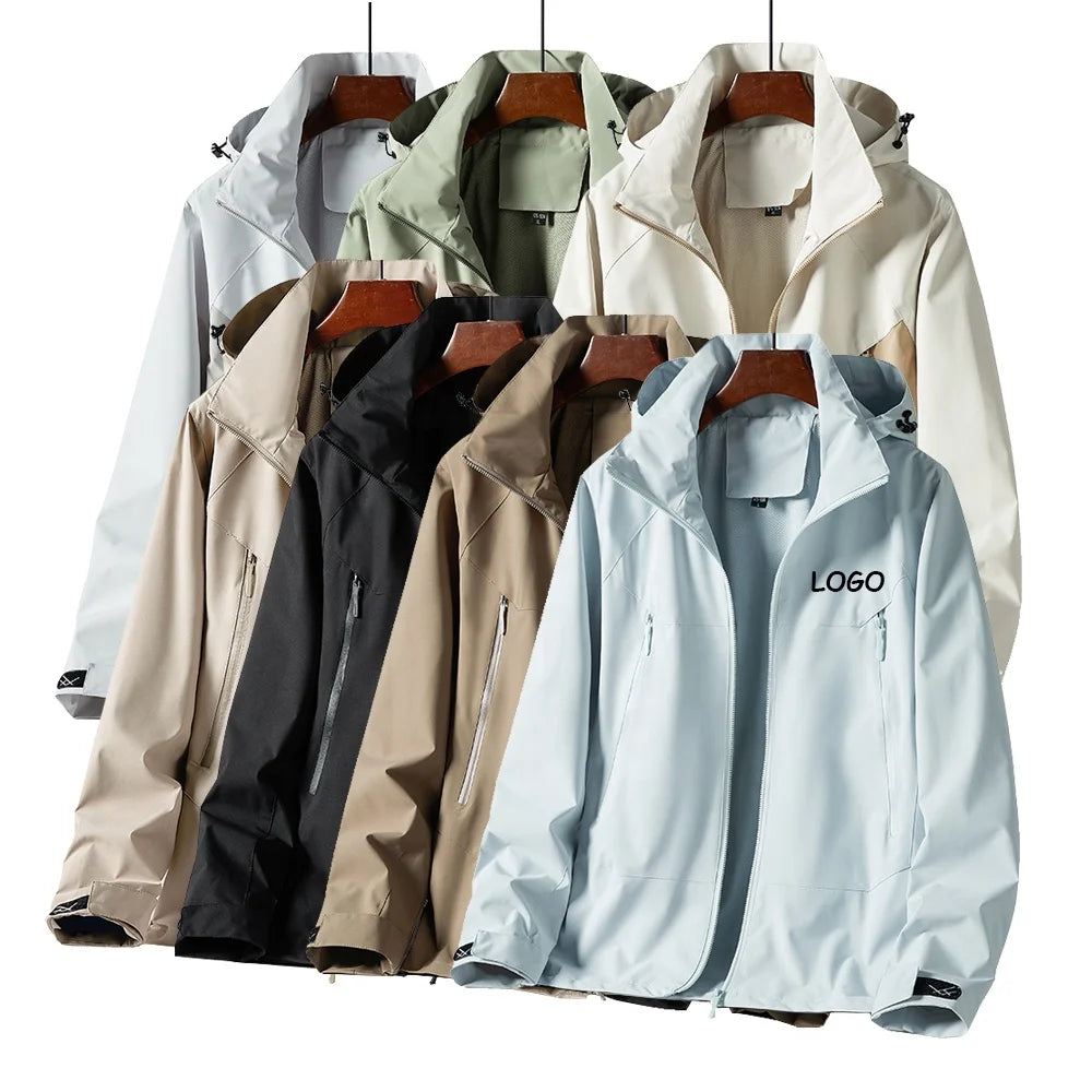 Plain Color Block Hooded Waterproof Windbreaker Jacket Unisex Custom Logo Outdoor Hiking Softshell Track Jacket Men