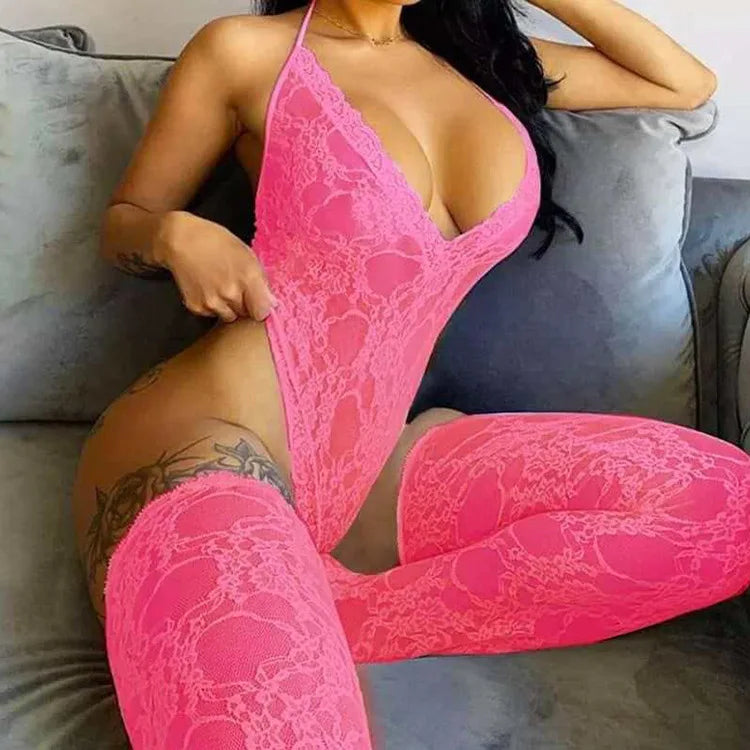 2021 Valentines Day Lingerie Onesie Gifts Hot Transparent Halter Jumpsuit Bodysuit for Women With Socks Sexy Lingerie