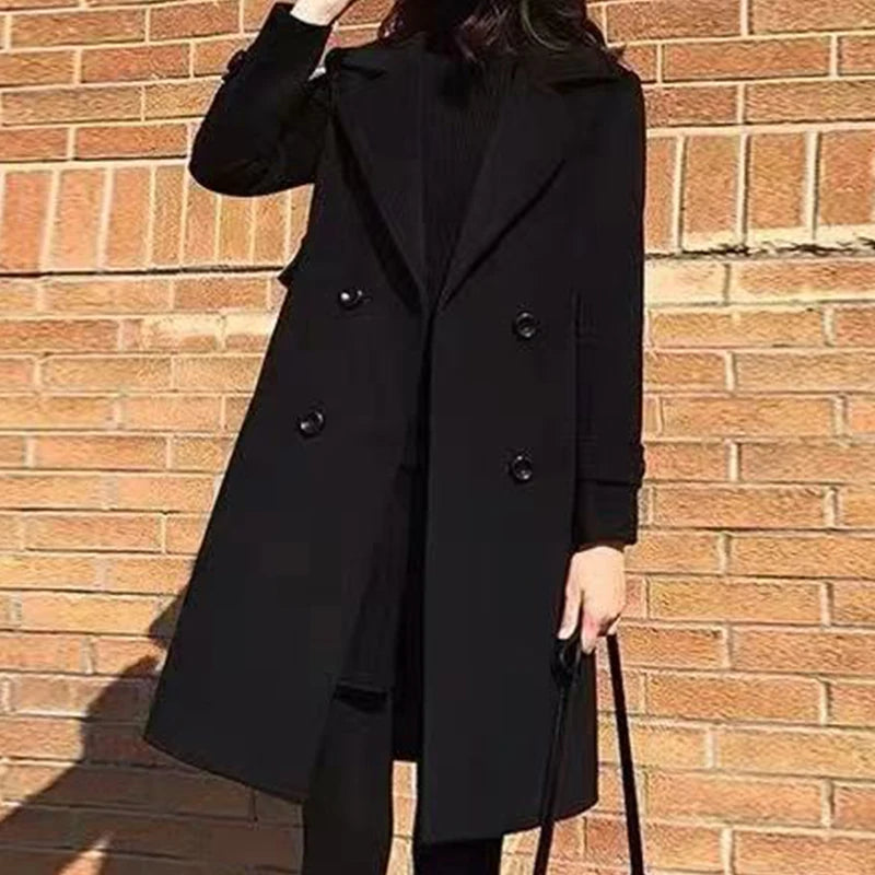 Winter Classic Brand Women's Double Breasted Long Coat Black Trench Jacket Fashion for Ladies Appropriate for the Season