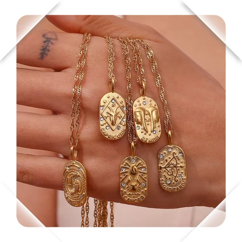 18K Gold Plated Fashionable Stainless Steel Necklace for Women Zircon Tarot Card 12 Zodiac Square Link Chain Geometric Pattern