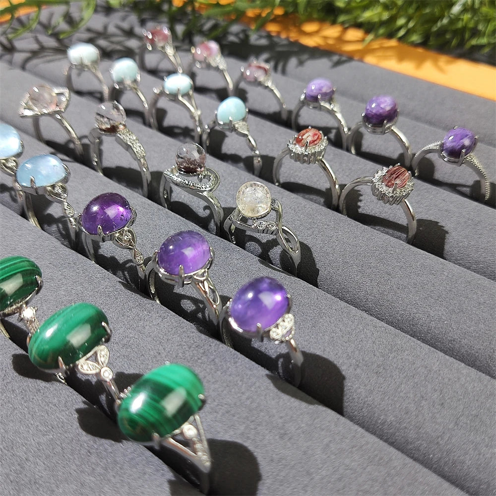 Latest Trendy Women Jewelry Natural Healing Crystal Rings Genuine Amethyst Oval Cut Purple Stone Resizable Ring Silver Wholesale