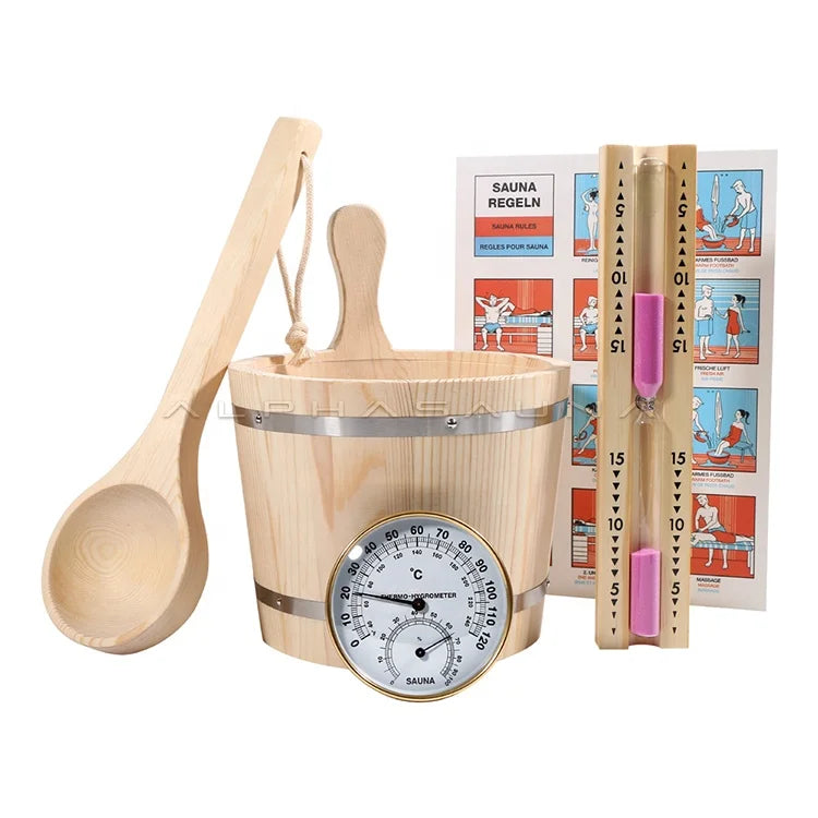 Alphasauna 3-5L Sauna Accessories Set With Bucket and Ladle and Thermometer and Sand Timer