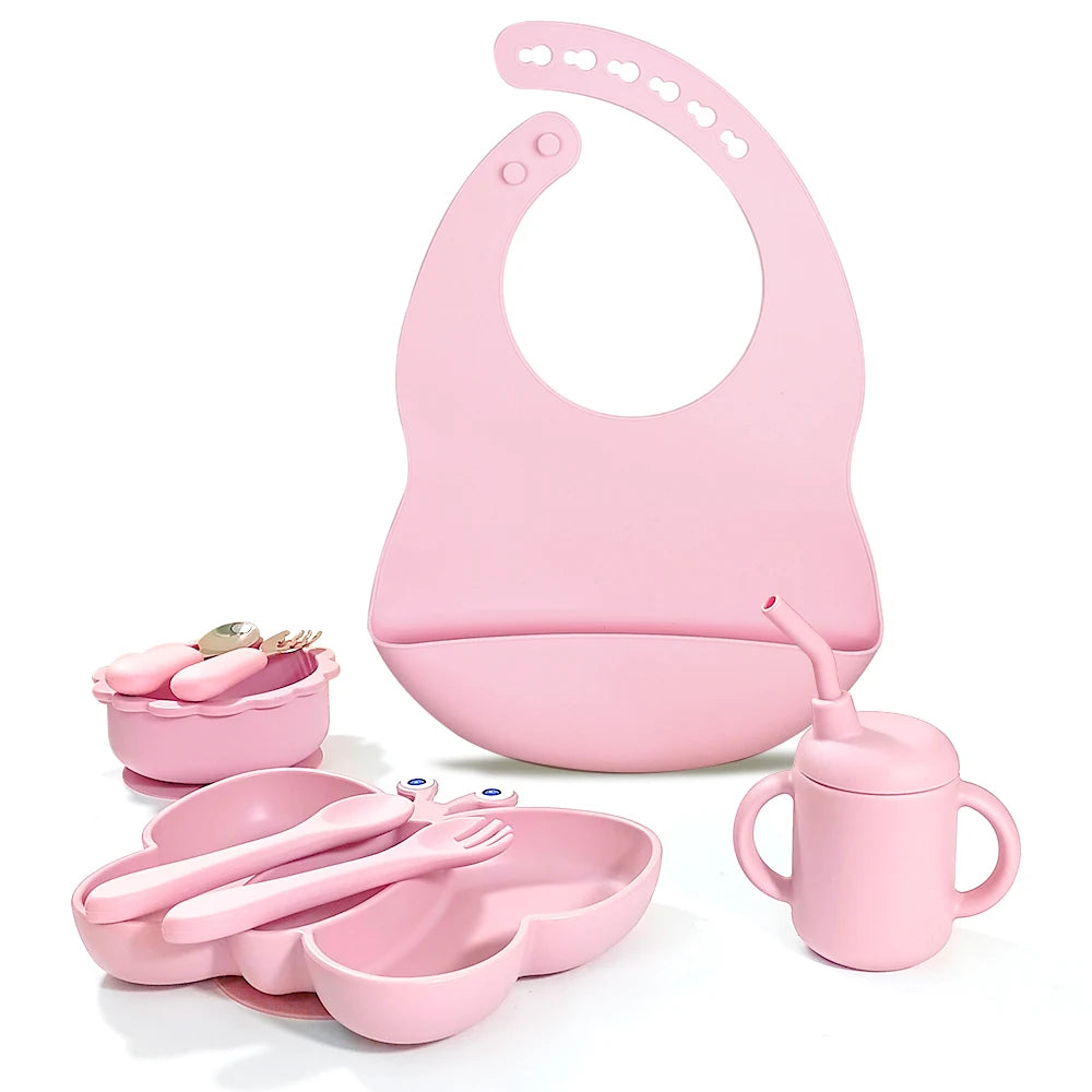 Tableware Silicone Bpa Free Material Baby Feeding Suction Sippy Cup Bib Plate Bowl Spoon Fork Set