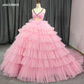 Ball Gown Tiered Pink Tulle Evening Dresses V-neck Pleated Formal Evening Gowns Crystal Beadings 5717