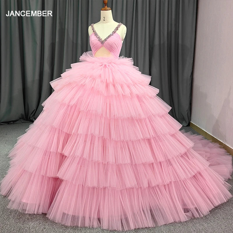 Ball Gown Tiered Pink Tulle Evening Dresses V-neck Pleated Formal Evening Gowns Crystal Beadings 5717