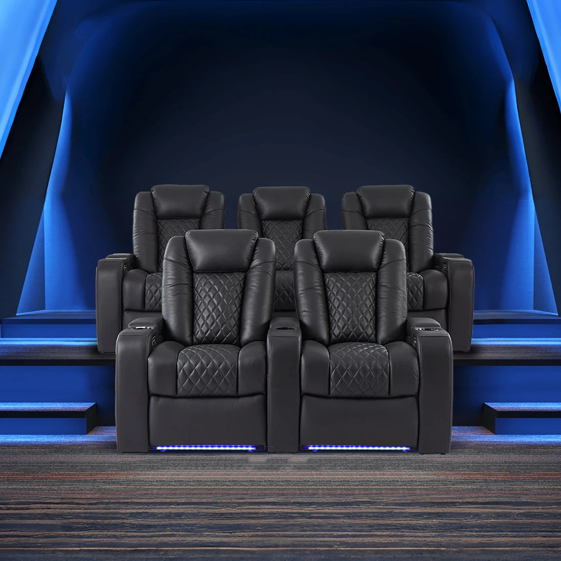 Premium Electric Cinematic Recliner Leather Sofa Set Modern Home Theater Seating Extendable Genuine Leather LED Lighting Massage