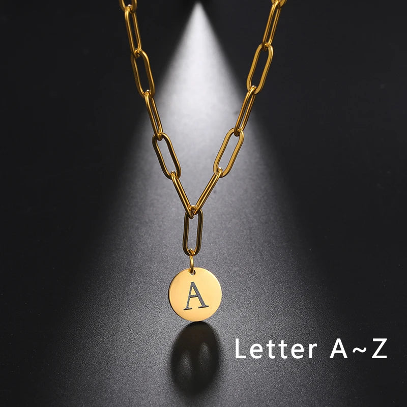 Initial Stainless Steel PVD Gold Paperclip Necklace Real Gold Plated Charms Letter Gold Chain Letter Necklaces Pendant for Women