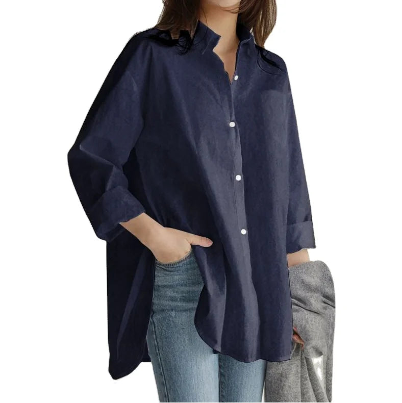 Fashion Denim Blue Shirts Women's Asymmetrical Blouse Casual Long Sleeve Blusas Female Button Down Tunic Loose Top