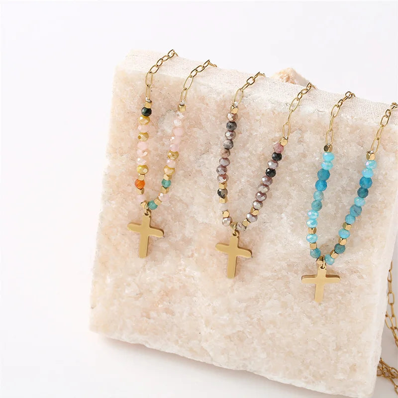 Wholesale Personalized Delicate Stainless Steel Beaded Cross Necklace Gold Plated Fashion Jewelry for Women Gift