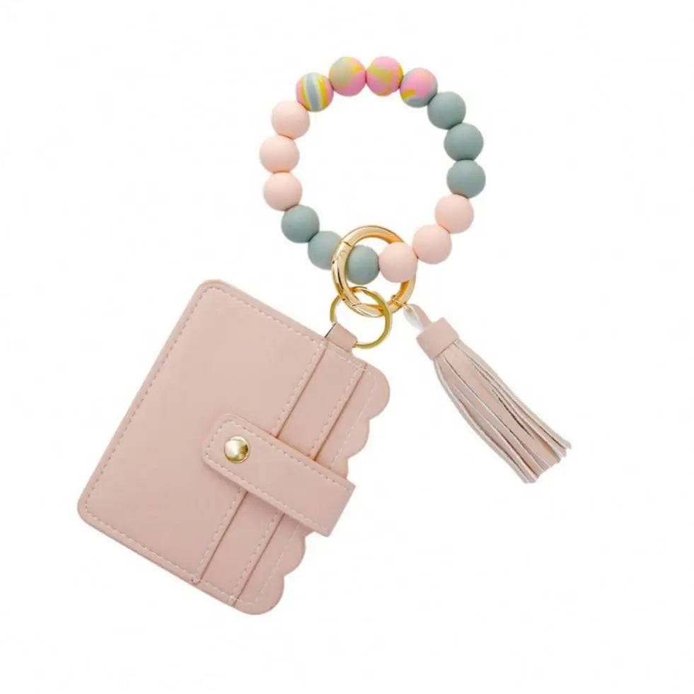 Leather Case Wristlet Keychain for Women Silicone Beaded Bracelet Wallet Wrist With Tassel Bangle Card Holder