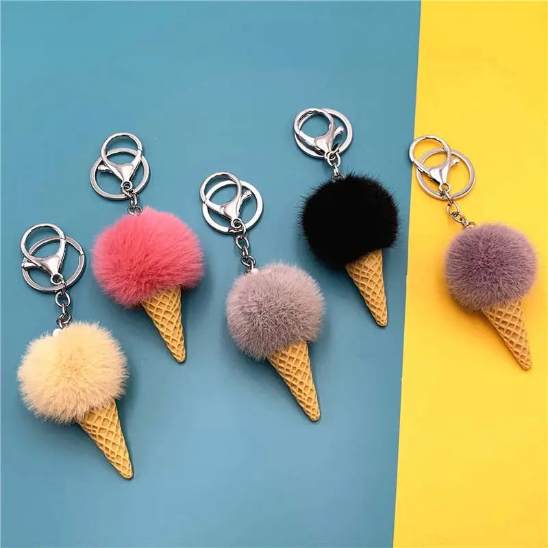 Promotional Gift Cartoon Cute Faux Fur Ball Furry Ice Cream Food Keychain Plush Kawaii Puff Ball Ice Cream Cone Keychain Pendant