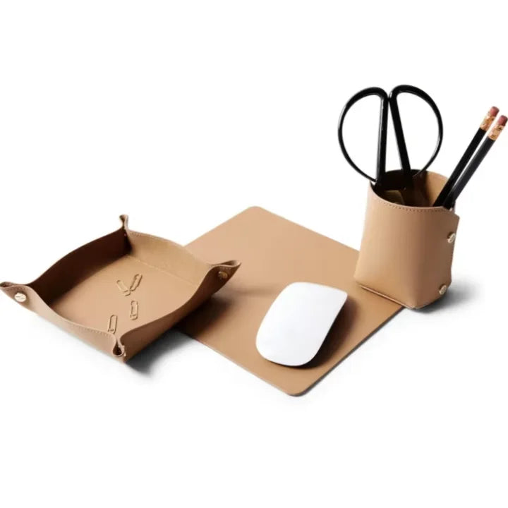 Desktop Leather Set of Desk  Storage Tray  Pencil Cup  Leather Tray Leather Storage Baskets