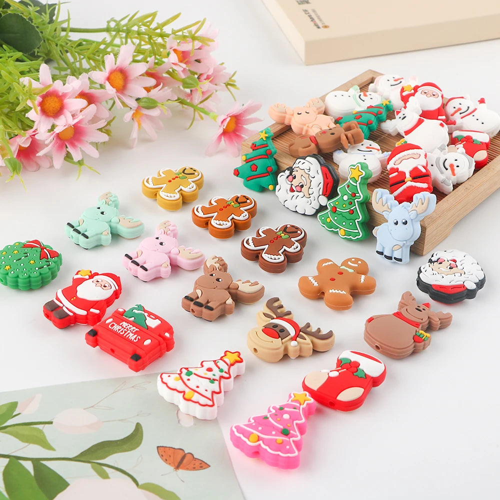Kovict Christmas Themed Christmas Tree Socks Snowman Gingerbread Man Reindeer Santa Claus Christmas Food Grade Silicone Beads
