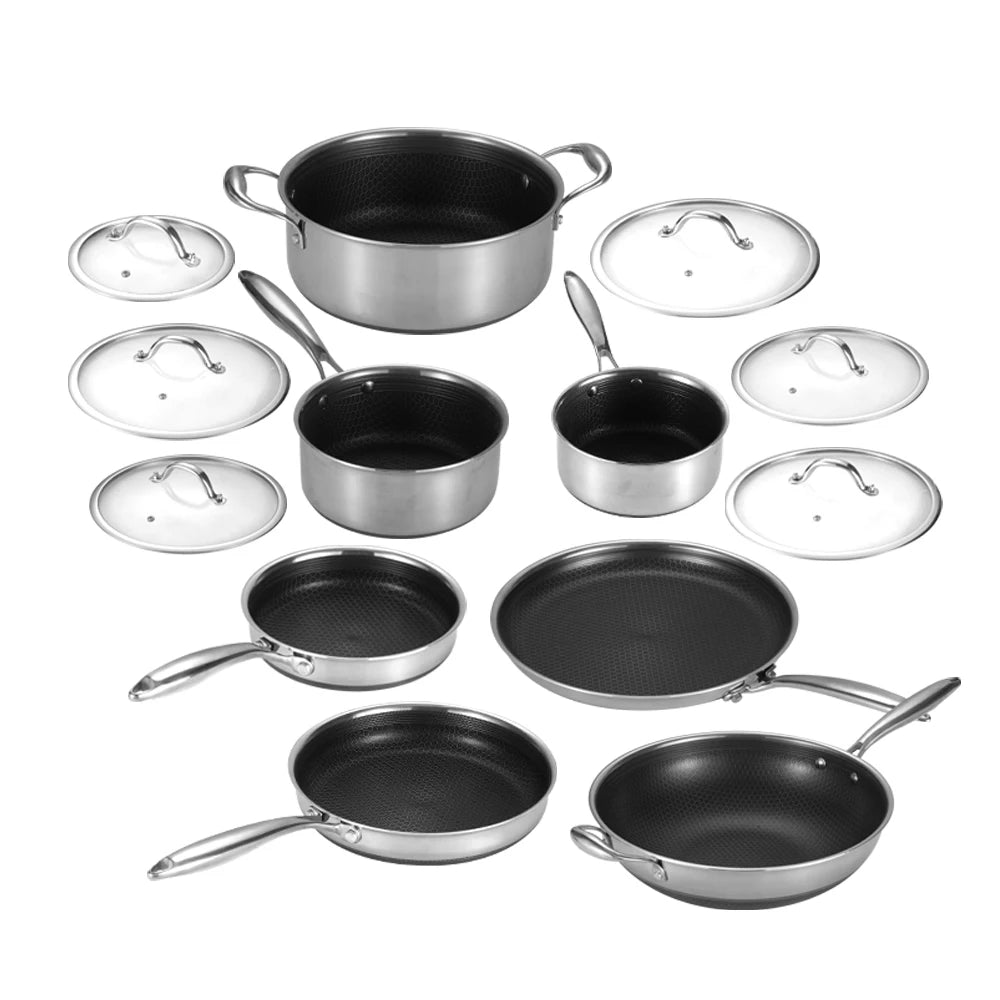 13 Pc Hybrid Cookware Set W/ Lids Wholesale Stainless Steel Wok Pan Honeycomb Nonstick Coating Fry Pan